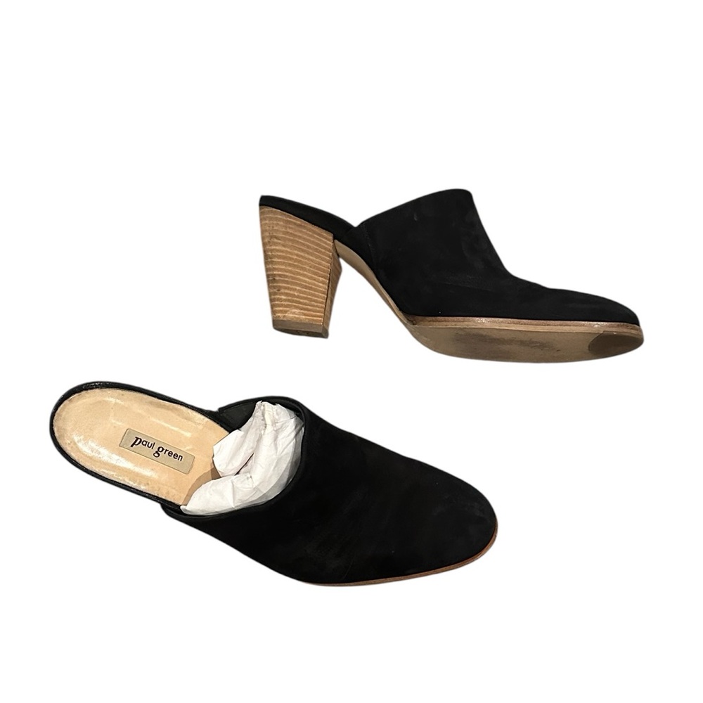 Paul Green Blue Suede Heel Mules Wood-Tone Block Heel Quiet Luxury Old Money 10